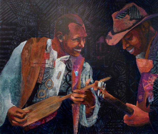 Bassekou Koyaté playing Ngoni together with friend, - 71 x 83 cm, kr 8.000,- collage og akrylmaleri